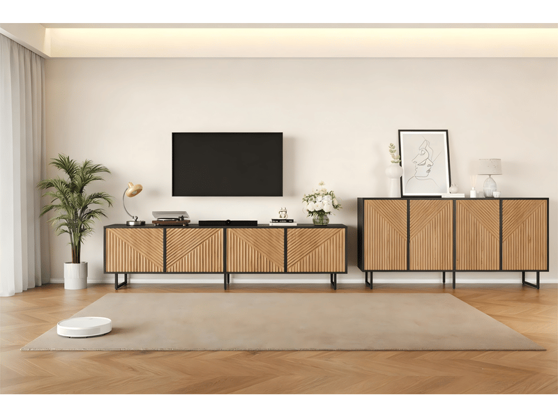  Ensemble meuble tv et buffet 4 portes pour tv 80 pouces - rangement compartimenté, bois et métal naturel noir  - Conforama B