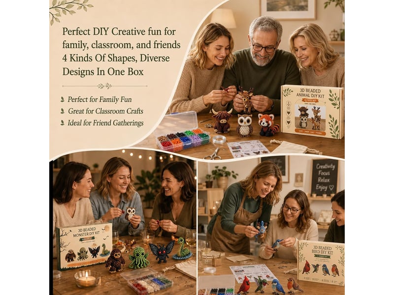  Kit diy animaux 3d en perles, 4 modèles de broderie avec oiseaux et animaux, loisirs créatifs pour adultes débutants, animaux de la forêt  - Conforama C