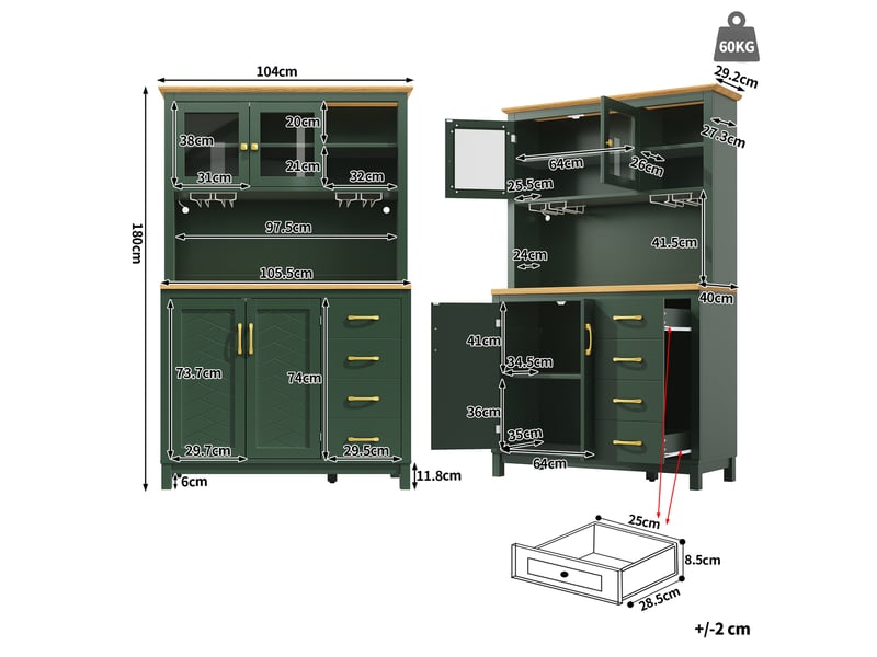 Buffet de cuisine vert 4 portes en mdf avec éclairage led 105,5 cm - Conforama C