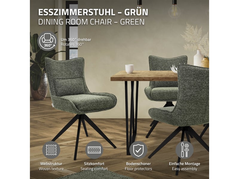  Ml-design chaise salle à manger pivotante à 360° en tissu bouclette vert, piètement étoile en acier robuste, coussin lombaire intégré, siège rembourré confortable pour salon et cuisine, max 120 kg  - Conforama B