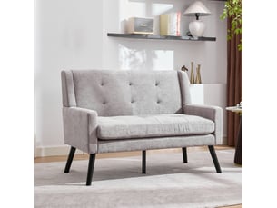 Banc 2 places 120x75x88 cm – gris clair – revêtement en lin et pieds en bois antidérapants