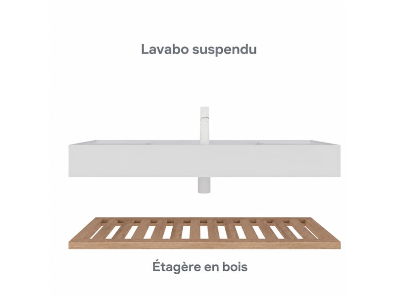  Meuble vasque suspendu 120 cm avec vasque intégrée en résine blanche et étagère en bois  - Conforama D