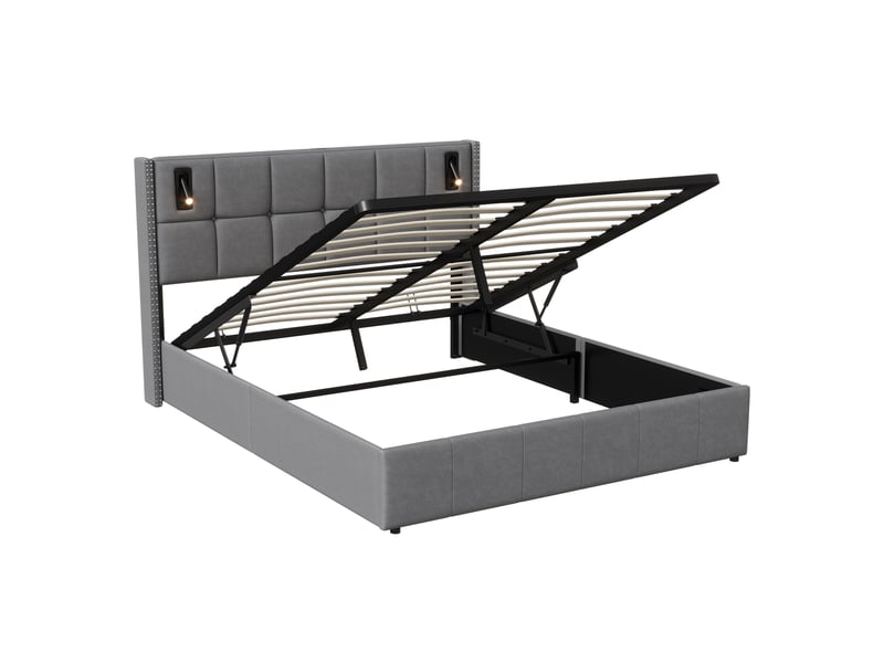  Lit double 140x190 cm avec lampes de lecture,cadre de lit 140x190 cm, lit coffre,lit adulte avec hydraulique,velours,gris  - Conforama W