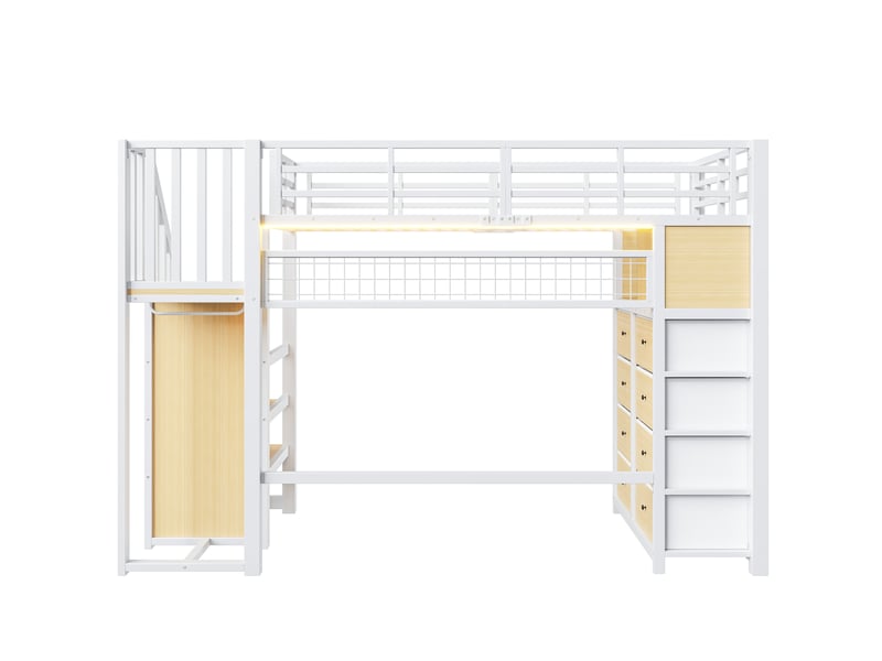  Lit surélevé enfant,90x200 cm,8 tiroirs et led,métal,blanc  - Conforama E