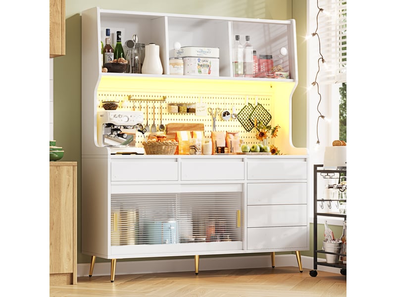  Armoire haute blanche avec led, meuble de rangement cuisine et salle à manger moderne, portes en verre, 145x39x171cm.  - Conforama D