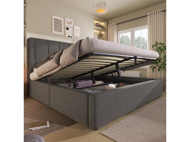  Lit coffre rembourré 140 x 190 cm, rangement hydraulique, porte-gobelet caché, station de recharge, sommier à lattes, lin, gris Bliss Lite - Conforama D