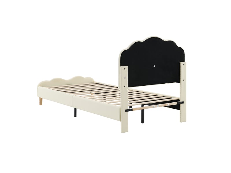 Lit enfant rembourré pu beige 90x200 cm, tête de lit ondulée avec led multicolore - Conforama E