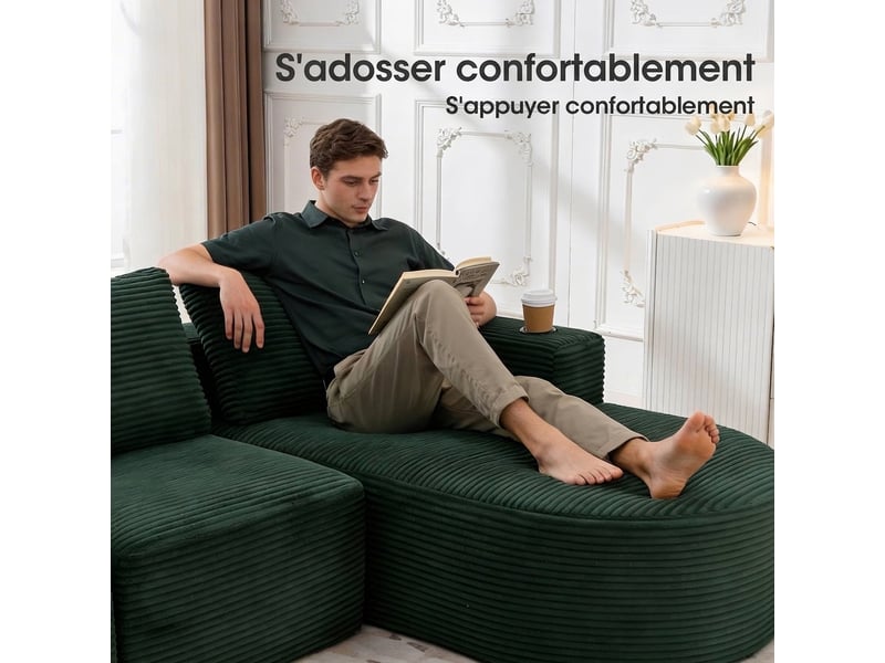 Canapé 2 places en velours côtelé vert rétro 265 cm - assise douce avec porte-gobelets et coussins - Conforama D