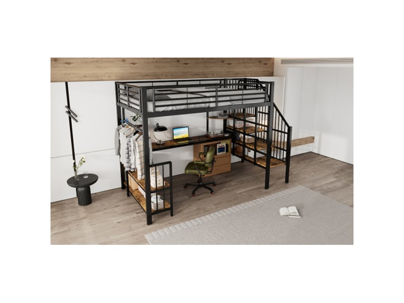  Lit mezzanine fer et mdf noir 120x200 cm – échelle latérale, rambarde, prise de charge élevée, penderie et étagères  - Conforama B