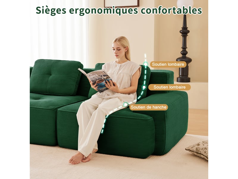Canapé modulable 4 places sans structure,382x104x69cm,canapé à compression en velours côtelé,assise profonde et rembourrage haute densité 32d - vert - Conforama E