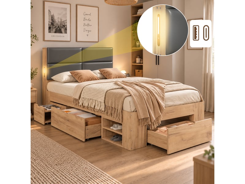  Lit enfant 1 place 90x200 cm avec tiroirs, grands rangements, niches coulissantes, usb et usb-c, veilleuse, tête de lit rembourrée pu, mdf naturel  - Conforama B