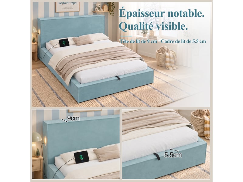 Lit coffre double 140 x 200 cm, lit rembourré avec usb et anti-glissement, structure stable, velours, bleu Morn Vibe - Conforama E