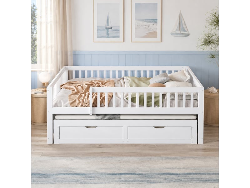  Lit gigogne 140x200 cm avec barrière de sécurité, 2 tiroirs et sommier blanc  - Conforama B