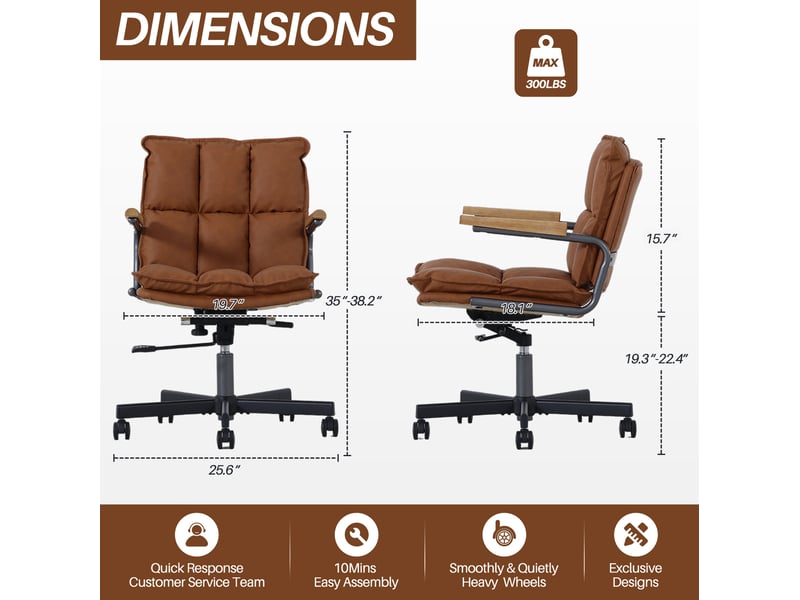  Chaise de bureau ergonomique marron avec accoudoirs en bois, roulettes, hauteur réglable, pivotante à 360 degrés  - Conforama C