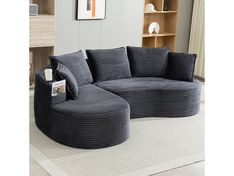 Canapé incurvé 3 places - 250 x 152 x 82 cm - avec porte-gobelets, poche latérale et 5 coussins, velours côtelé gris foncé - Conforama B