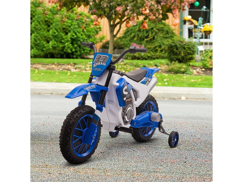 Moto électrique pour enfants, autonomie de 45 minutes, avec stabilisateurs, à partir de 3 ans, bleu et blanc, 106,5 x 51,5 x 68 cm - Conforama D