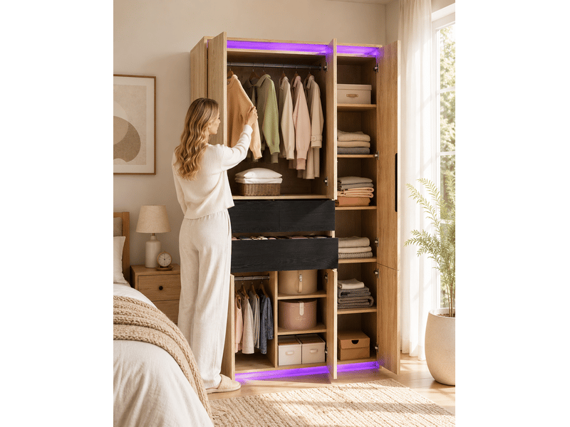  Armoire de chambre avec miroir et éclairage led - 110x47x200 cm - 4 tiroirs 2 tringles  - Conforama B
