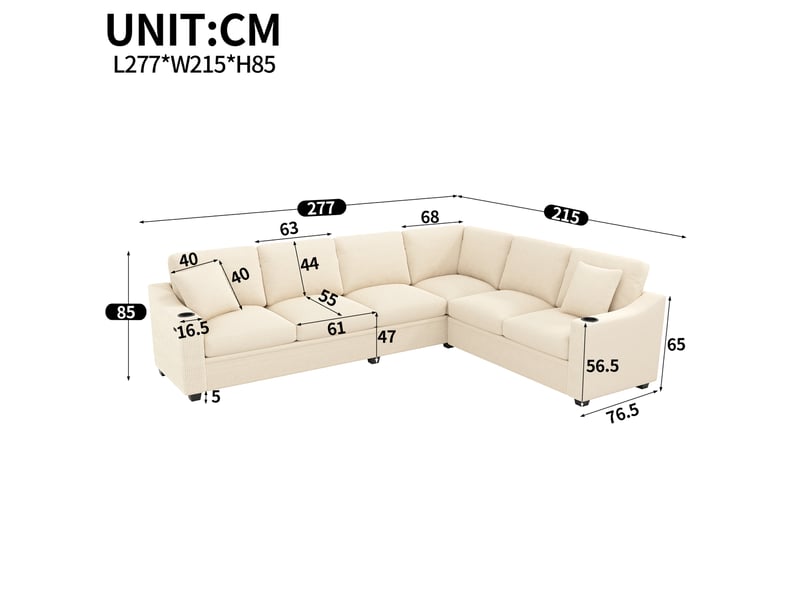 Canapé d'angle l 277x215x85cm - 6 places - usbtype-c + porte-gobelets + modulable - velours côtelé - beige - Conforama D