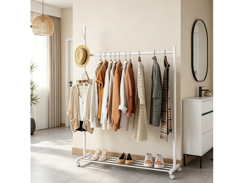  Portant à vêtements sur roulettes avec étagère à chaussures et 5 crochets, métal blanc  - Conforama C