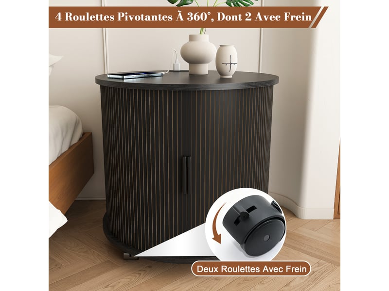  Table de chevet avec porte coulissante, station de charge et roulettes en mdf noir pour chambre  - Conforama C