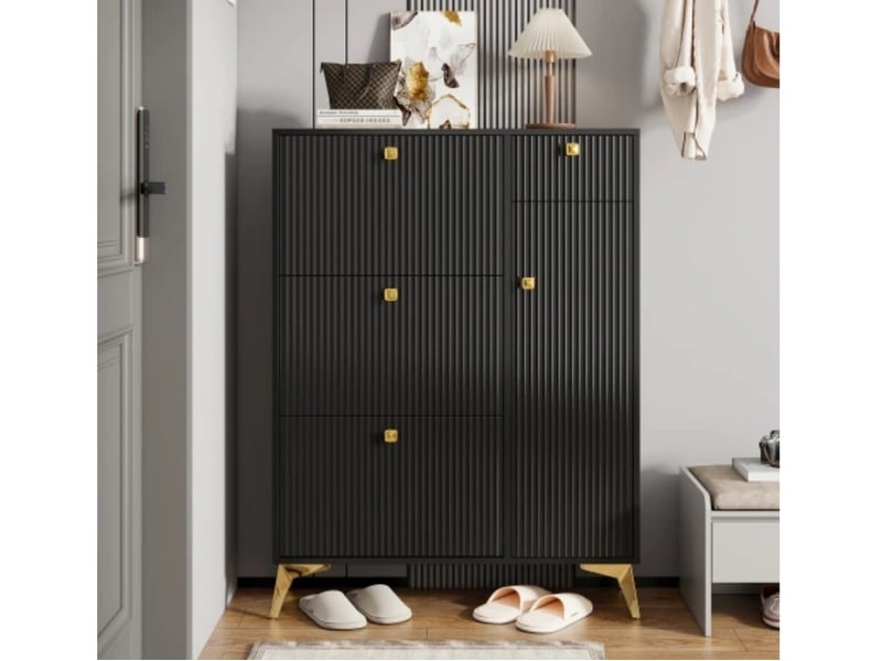  Meuble à chaussures 90×121×25cm, 3 rabats + tiroir + porte, noir  - Conforama D