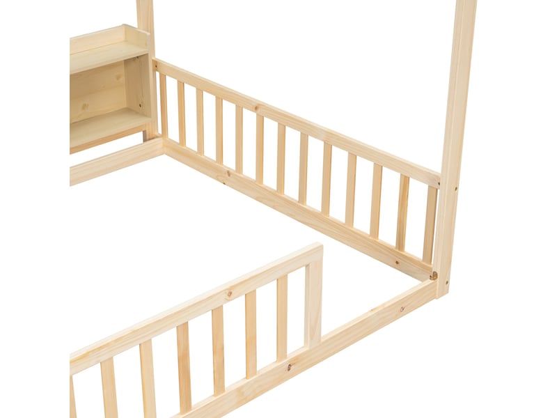  Lit enfant au sol 140x200 cm en bois, forme maison, rangements et barrières  - Conforama D