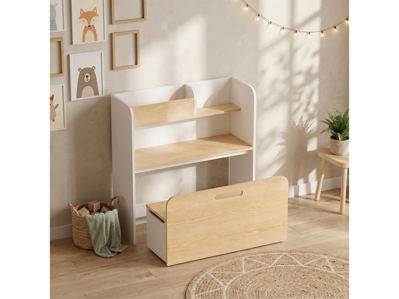 Bureau et chaise pour enfant 5 en 1 avec bibliothèque et banc coffre à roulettes, blanc, pour 3 à 8 ans - Conforama D