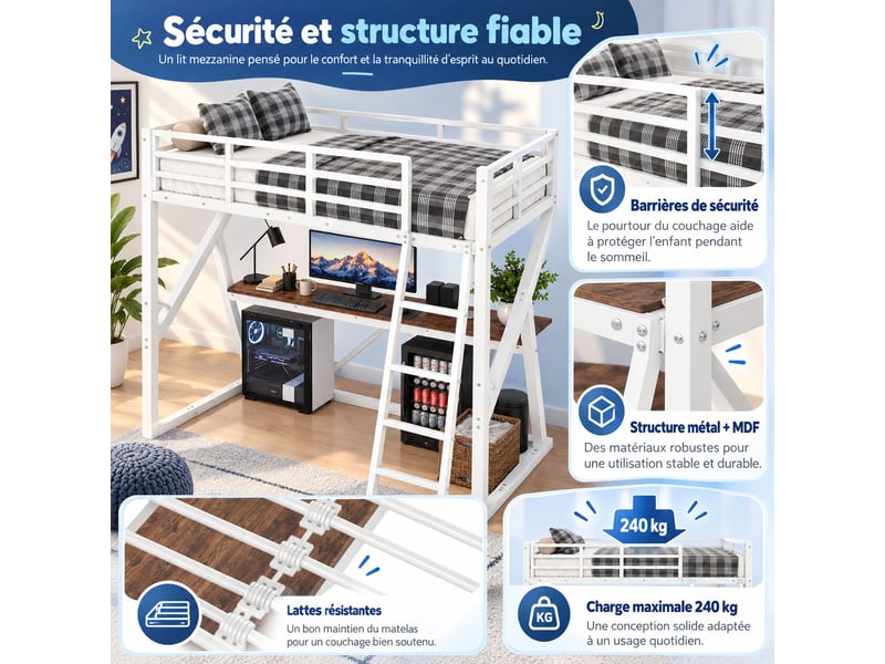  Lit mezzanine enfant 90 x 200 cm en métal avec bureau, led multicolore, échelle et barrières, gain de place, blanc  - Conforama B