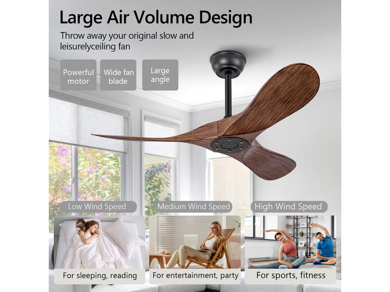  Ventilateur de plafond 107 cm sans éclairage 3 pales abs noir et noyer foncé réversible 6 vitesses télécommande silencieux  - Conforama B