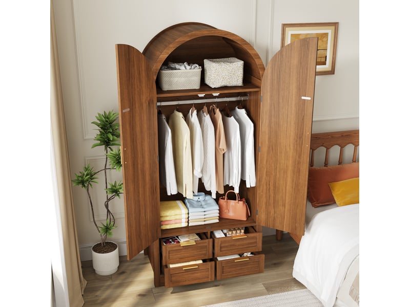  Armoire 80x50x180 cm avec 2 portes cintrées et 4 tiroirs en mdf, panneaux de porte en rotin, couleur marron  - Conforama D