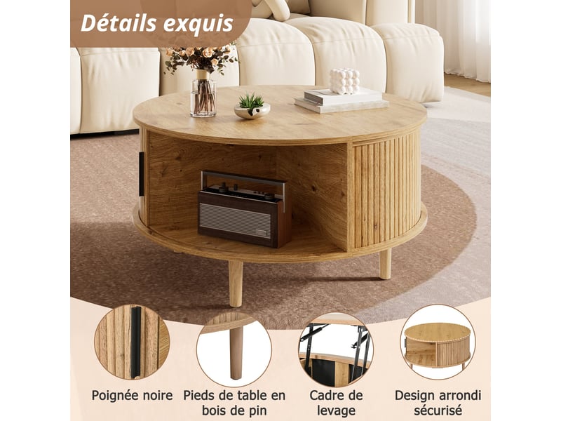  Table basse ronde 80x80x59 cm, plateau relevable, rangement, porte coulissante, façade rainurée en mdf pour salon - chêne  - Conforama D