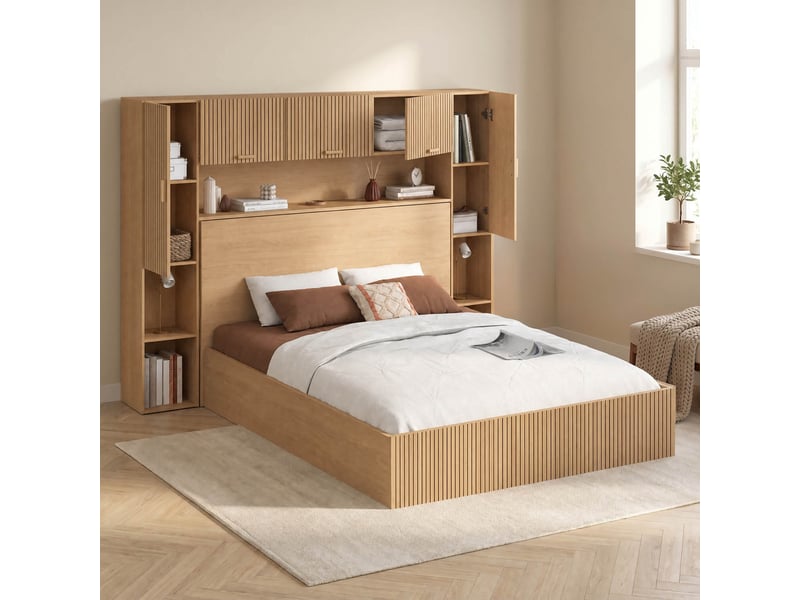  Lit pont coffre double juliette armoire avec rangements et sommier 140 x 190 cm effet lattes tasseau de bois  - Conforama D