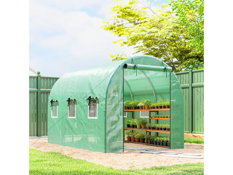  Serre 3 x 2 x 2 m, serre en aluminium avec roulettes, 2 portes à fermeture éclair et 6 fenêtres en filet, poteaux de soutien, verte  - Conforama D