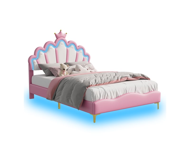 Lit princesse 140x190cm lit jeune avec tête de lit couronnée, éclairage led et sommier à lattes, rangement sous lit pour chambre de fille,sans matelas, pu,rose - Conforama A