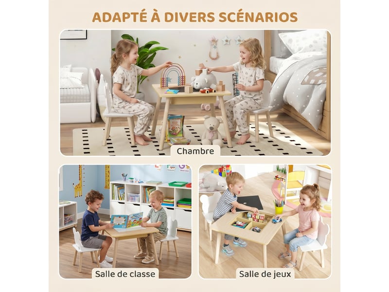 Ensemble 1 table et 2 chaise 3 pièces pour enfants avec plateau réversible espace de bois rangement naturel - Conforama W