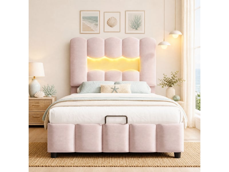  Lit coffre simple 90×200 cm en velours rose avec rangement hydraulique, led et tête réglable, sans matelas  - Conforama B