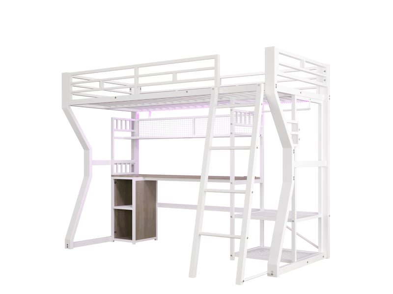 Lit mezzanine blanc 90 × 200 cm en métal, bureau, prise, penderie et rangements - Conforama D