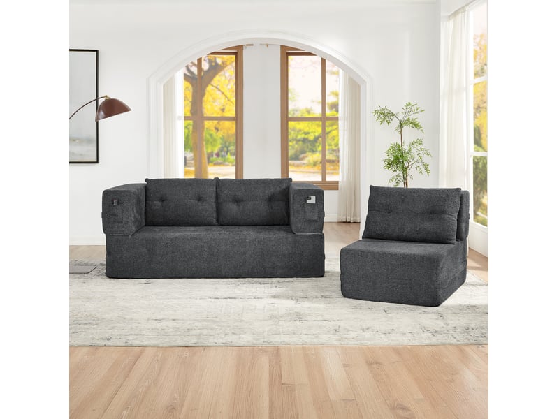  Canapé convertible ulevr 3 places modulable avec fauteuil pliant, couchage 199 x 194 cm, poches latérales, tissu gris foncé  - Conforama E