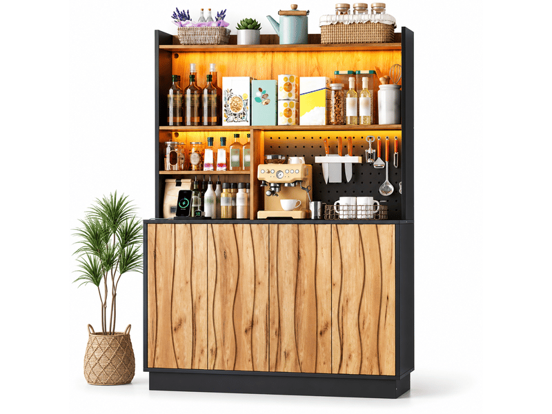 Buffet haut de cuisine 120 x 43 x 160 cm bois naturel et noir, led rgb par application, 4 portes, prises, usb et panneau perforé, pour cuisine - Conforama A