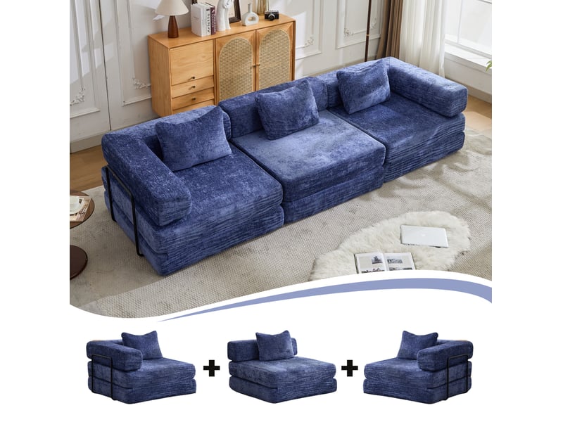 Canapé modulable convertible 3 places en tissu bleu foncé, 300 cm, idéal pour le salon ou la chambre - Conforama E