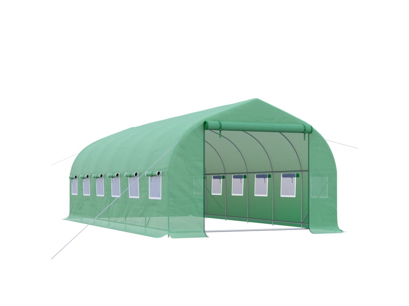  Serre tunnel extérieur 6x3x2 m, 12 fenêtres, porte enroulable zip métallique, plantes.  - Conforama A