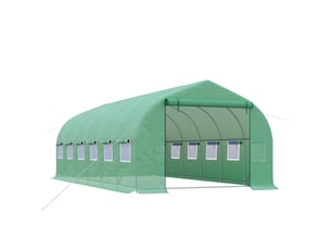 Serre tunnel extérieur 6x3x2 m, 12 fenêtres, porte enroulable zip métallique, plantes.