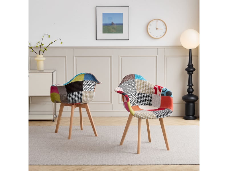  Chaises patchwork vintage (lot de 2) - pieds en bois massif - chaises de salle à manger et de salon (rouge)  - Conforama C