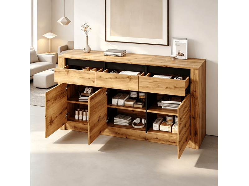 Buffet 135x35x70 cm, avec 3 tiroirs et 3 portes, rangement modulable, bahut salon, salle à manger, aggloméré naturel - Conforama D