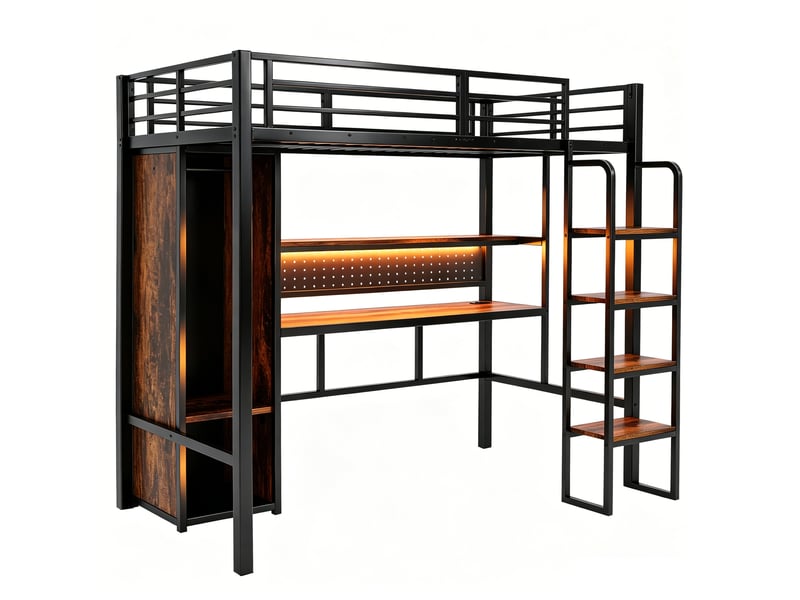  Lit mezzanine enfant 90x200 cm – noir – bureau, armoire, étagères et led multicolore - sans matelas  - Conforama D