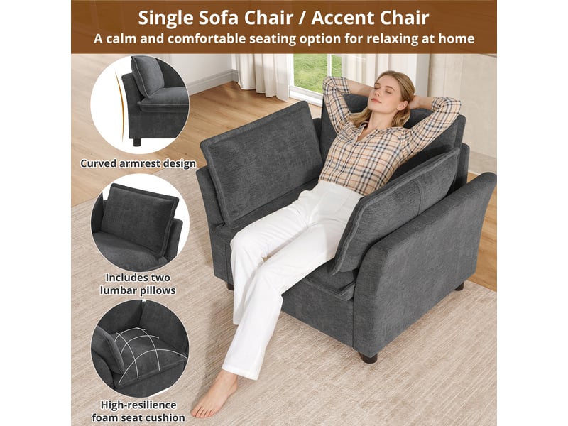  Fauteuil de salon moderne, tissu chenille gris - chaise de lecture confortable, siège de relaxation avec accoudoirs pour chambre &amp; bureau.  - Conforama B