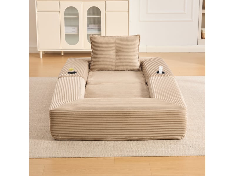  Canapé convertible 1 place avec couchage, poches latérales, porte-gobelets et accoudoirs amovibles en velours côtelé kaki  - Conforama E