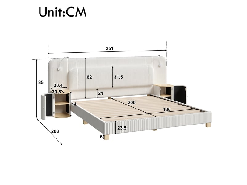  Lit rembourré 180x200 cm éclairage led velours côtelé gain de place pour chambre enfant ou adulte moderne beige OPULERANE TRADING LTD - Conforama D