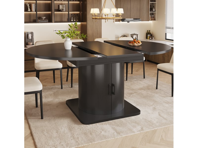  Table à manger extensible 118-158x118x76cm table de cuisine avec rangement, finition noire, dessus aggloméré, plateaux amovibles, cadre en métal  - Conforama B