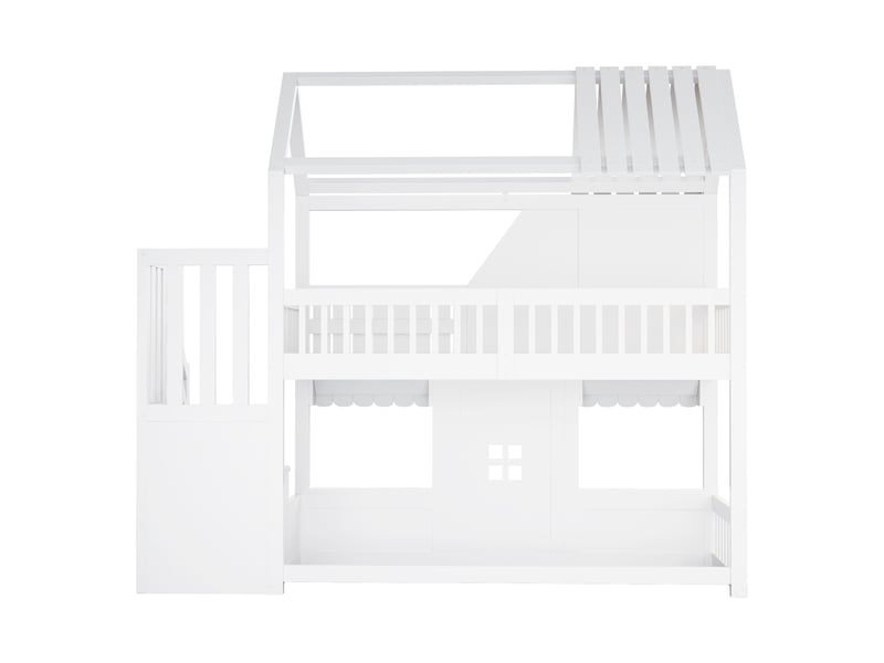  Lit superposé enfant,90x200 cm,style maison avec escalier de rangement et led,blanc  - Conforama E